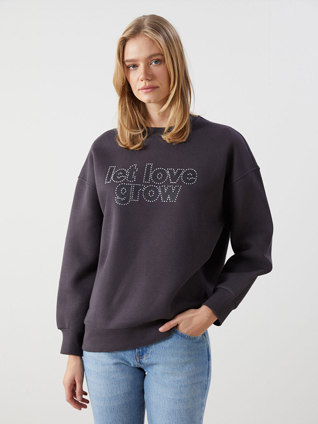 LCW Vision Antrasit Taş Baskılı Oversize Kadın Kalın Sweatshirt