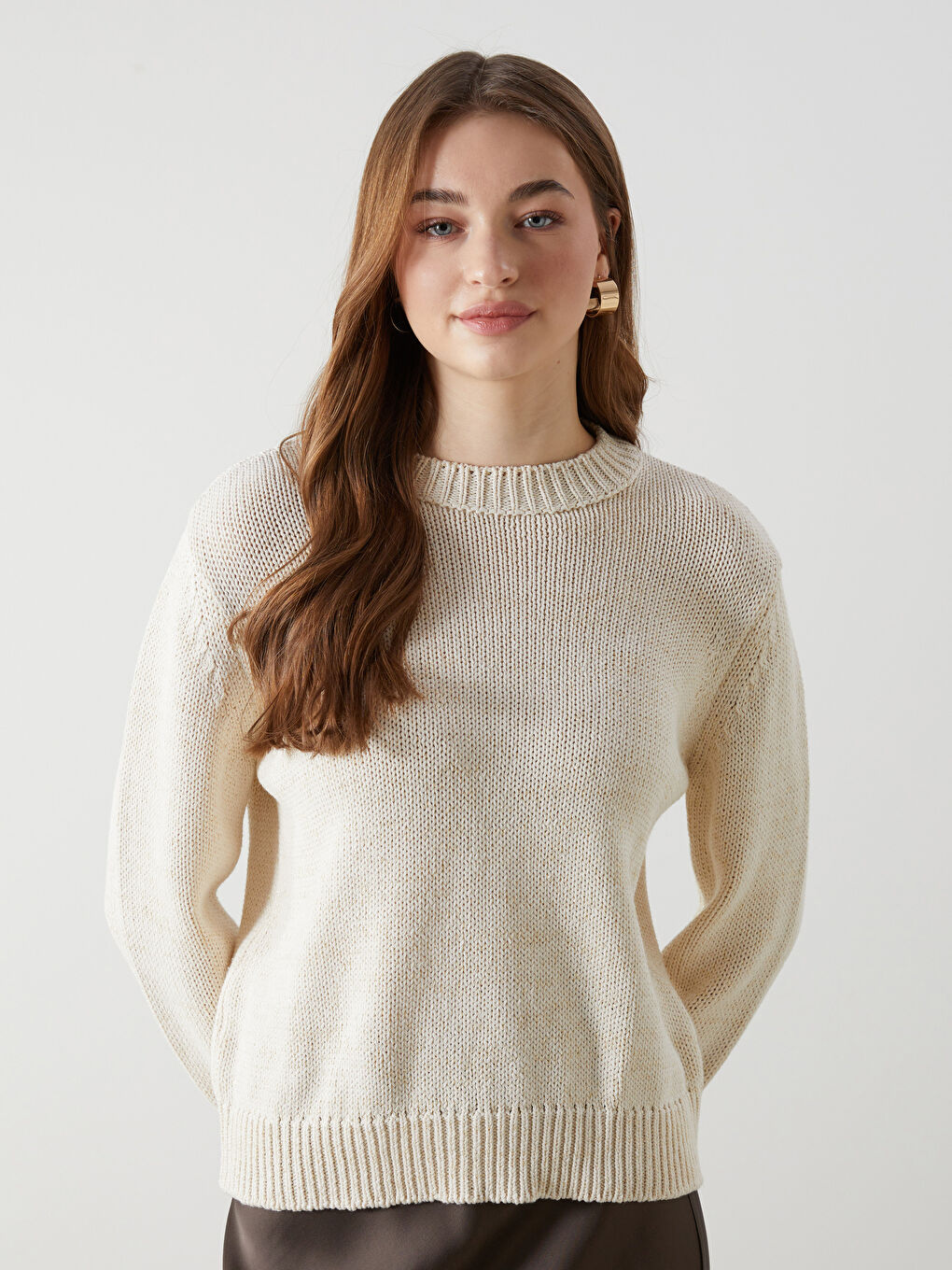 Ekru Bisiklet Yaka Kadın Triko Kazak