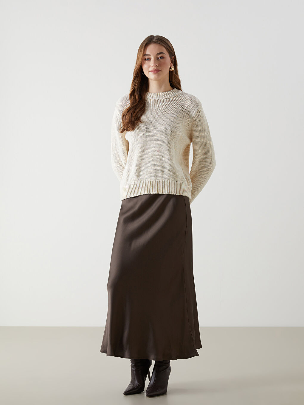 Ekru Bisiklet Yaka Kadın Triko Kazak-1