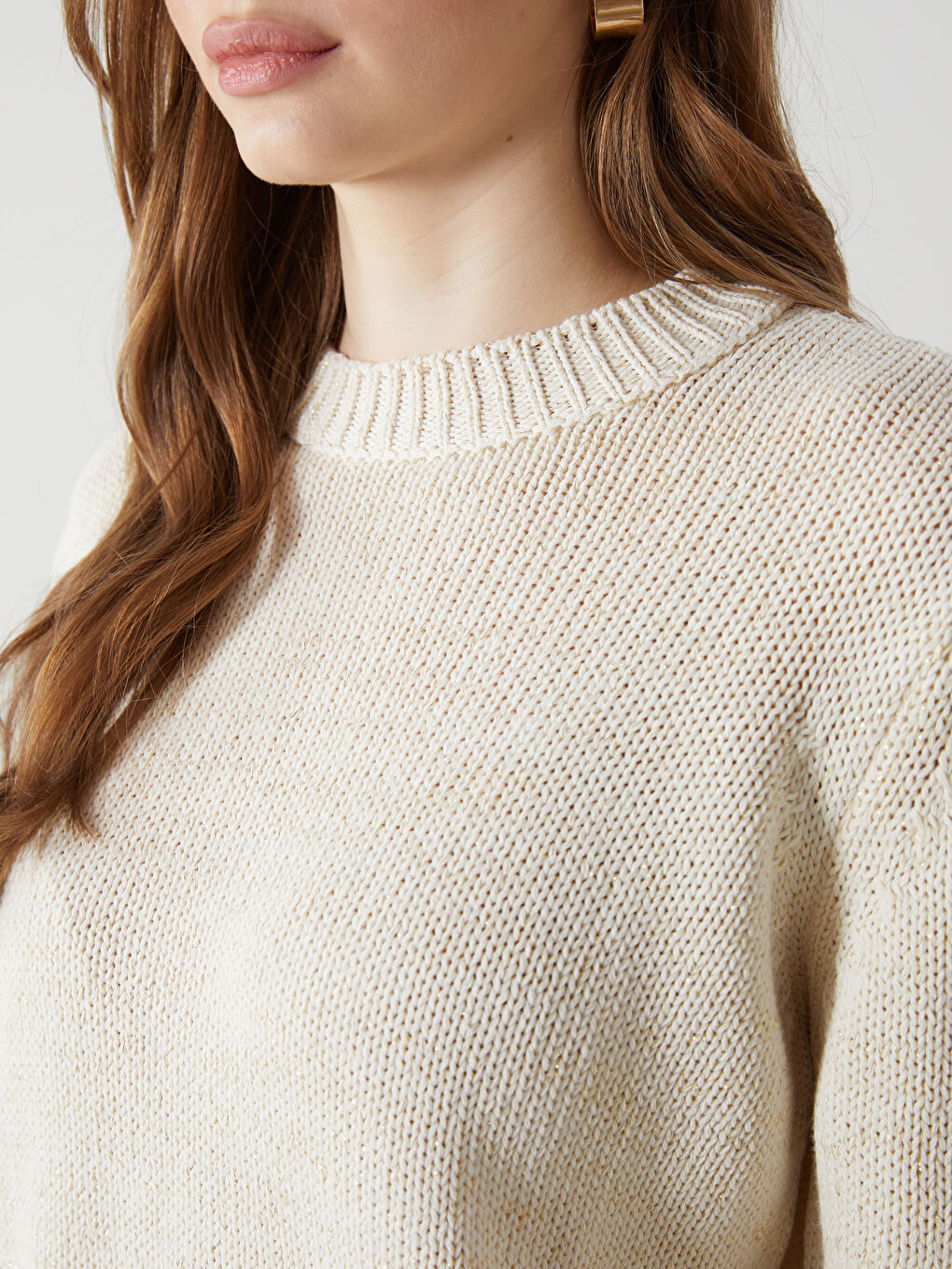 Ekru Bisiklet Yaka Kadın Triko Kazak-2