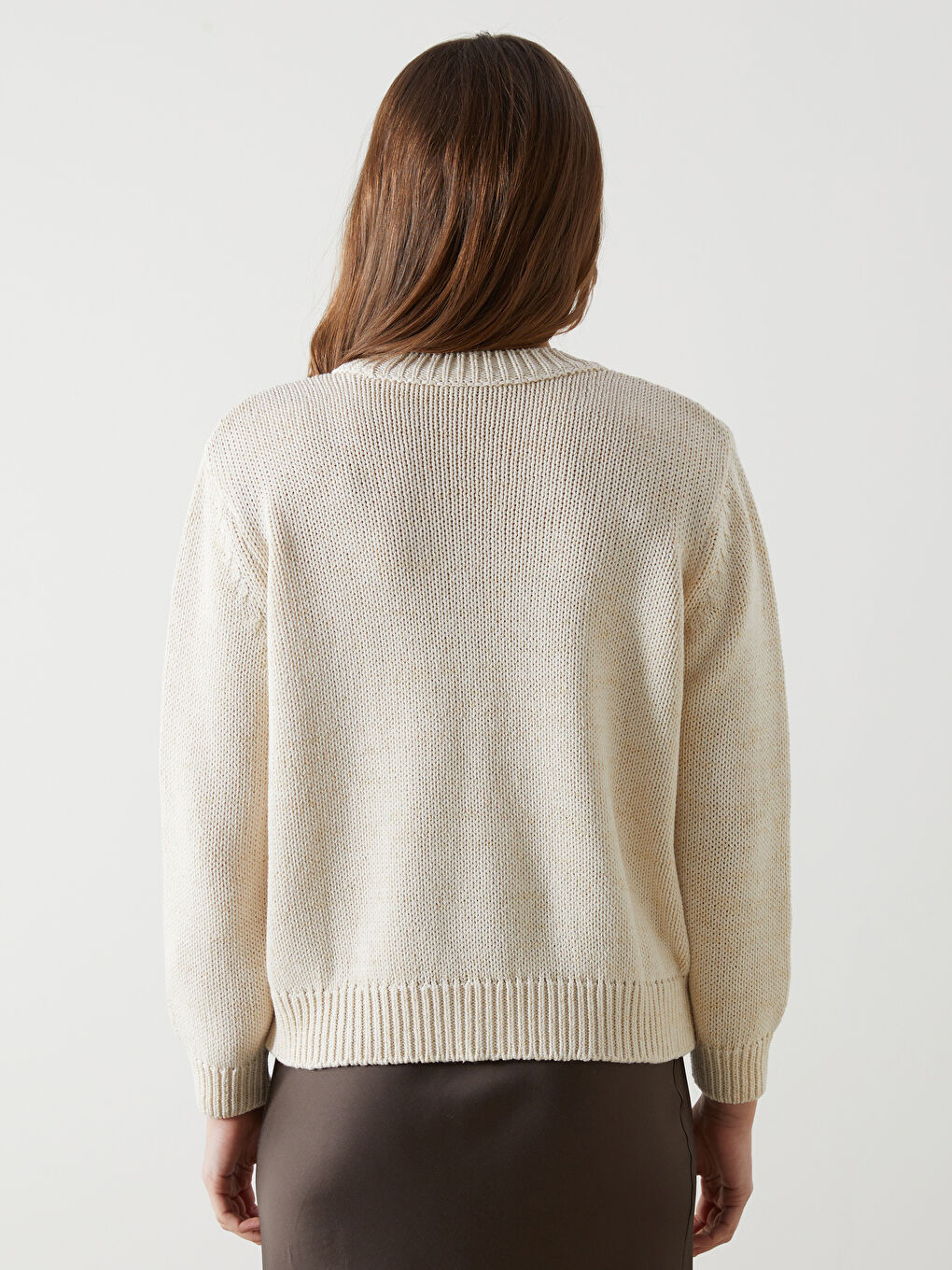 Ekru Bisiklet Yaka Kadın Triko Kazak-3