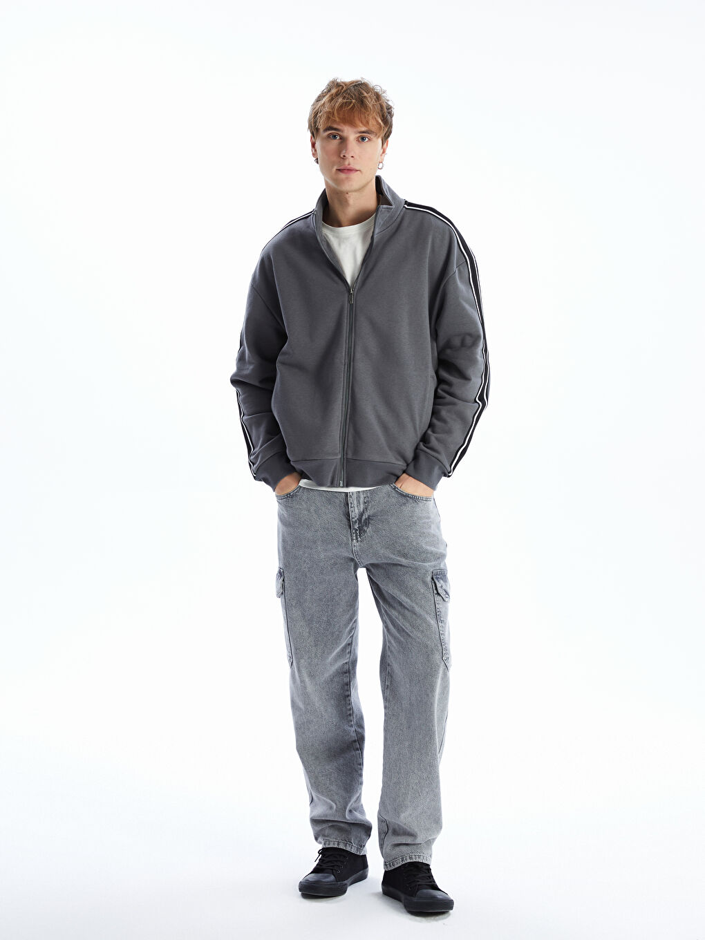 Gri Dik Yaka Uzun Kollu Erkek Fermuarlı Sweatshirt-1