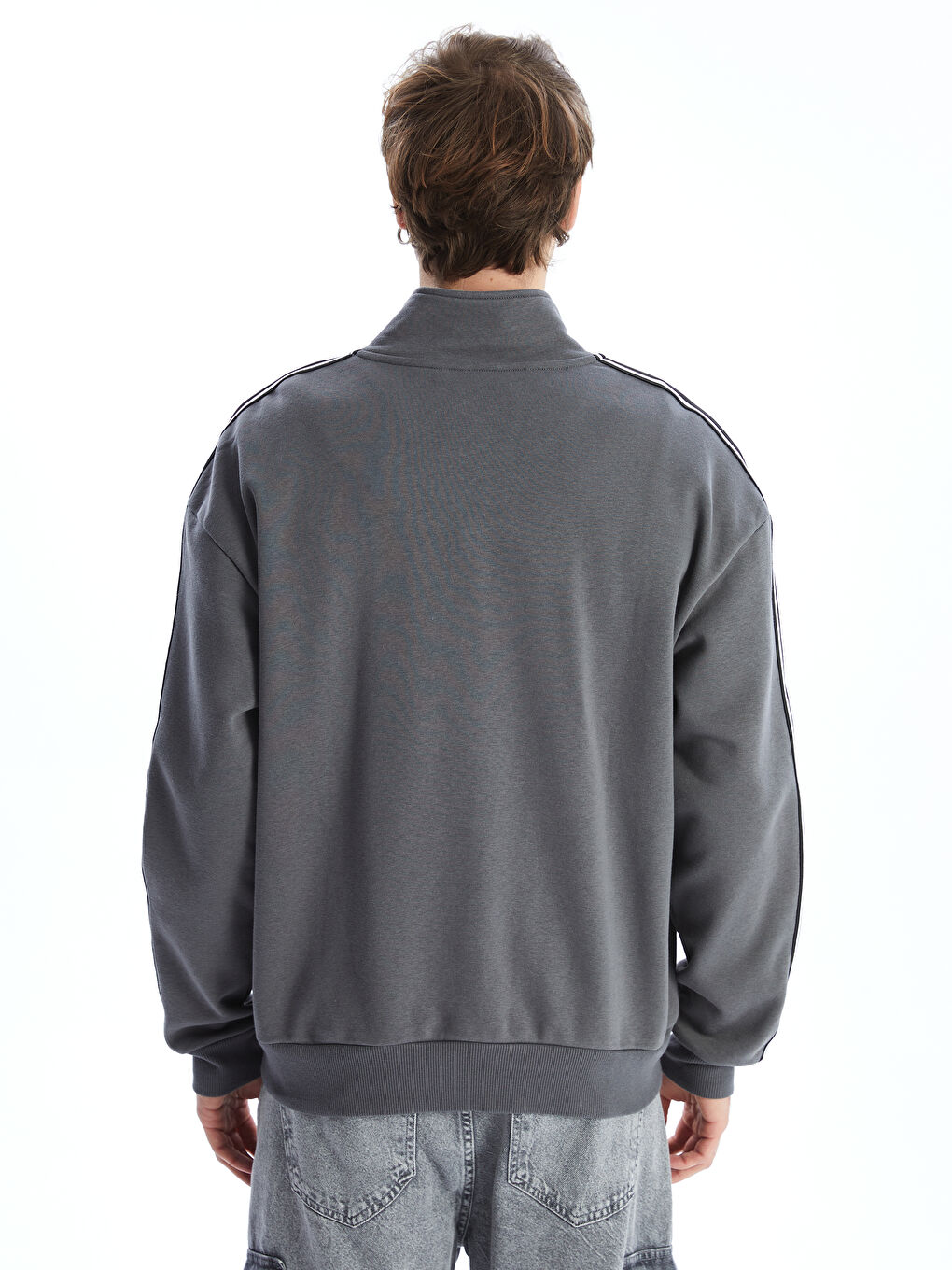 Gri Dik Yaka Uzun Kollu Erkek Fermuarlı Sweatshirt-3