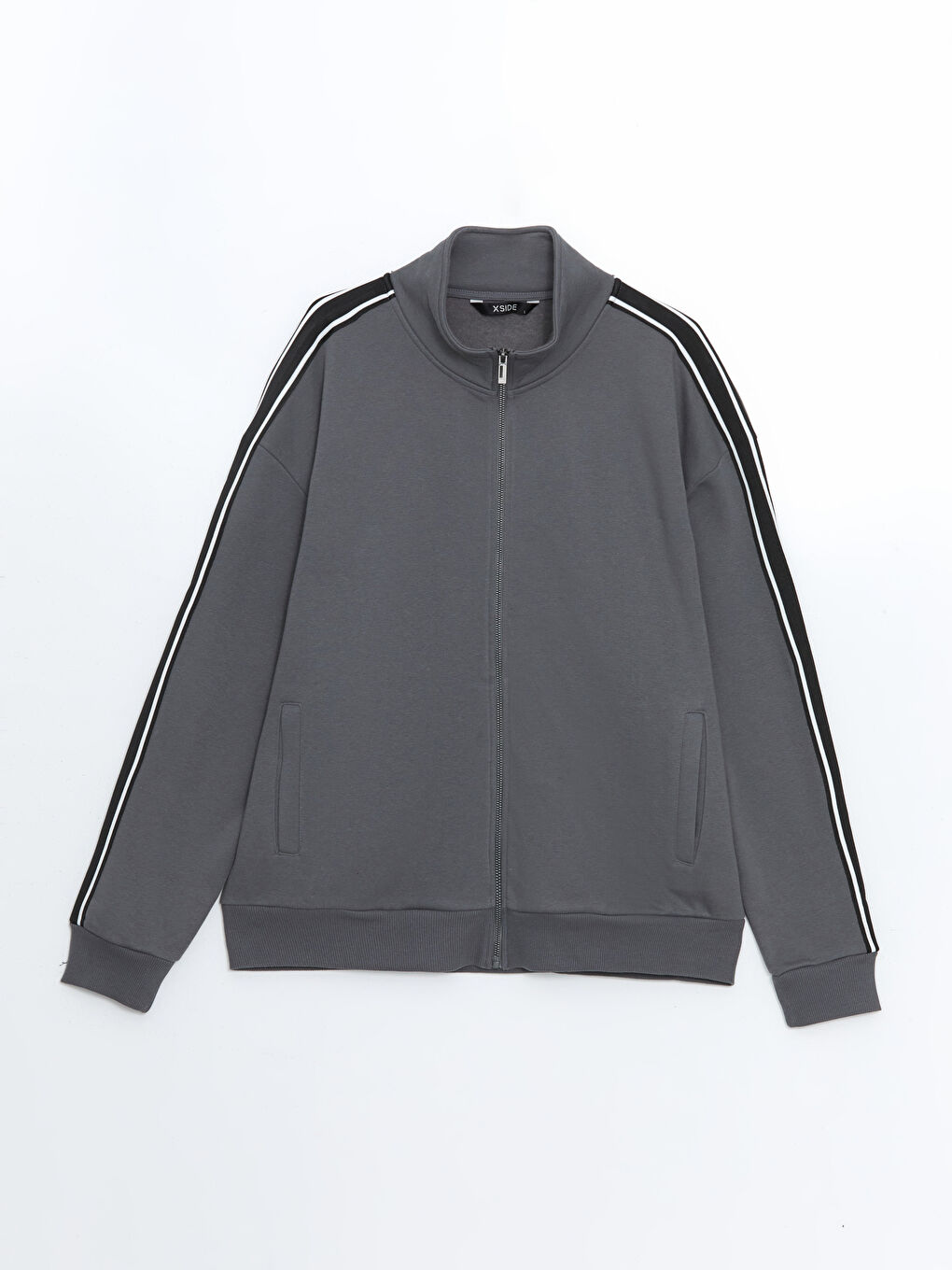 Gri Dik Yaka Uzun Kollu Erkek Fermuarlı Sweatshirt-4