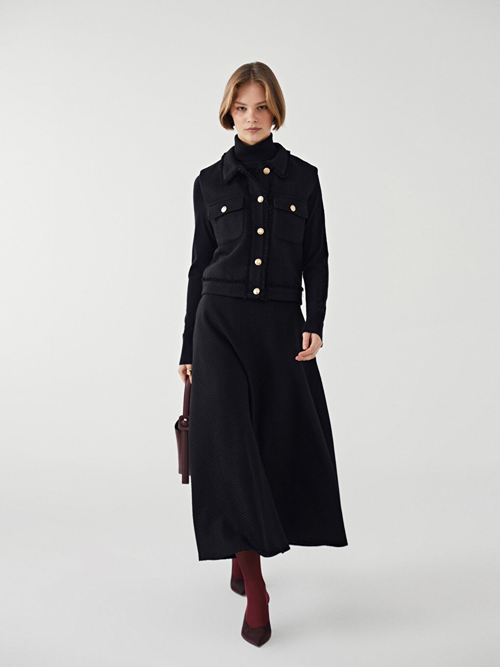 Siyah Loose Fit Dokulu Kadın Etek