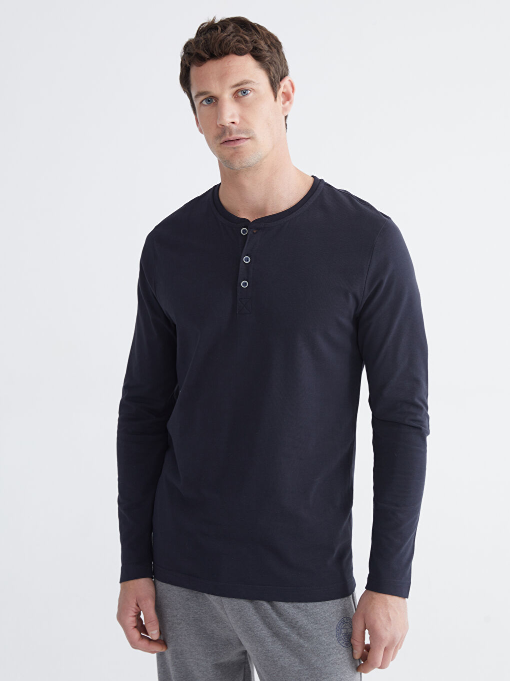 Lacivert Bisiklet Yaka Uzun Kollu Erkek Pijama Üst