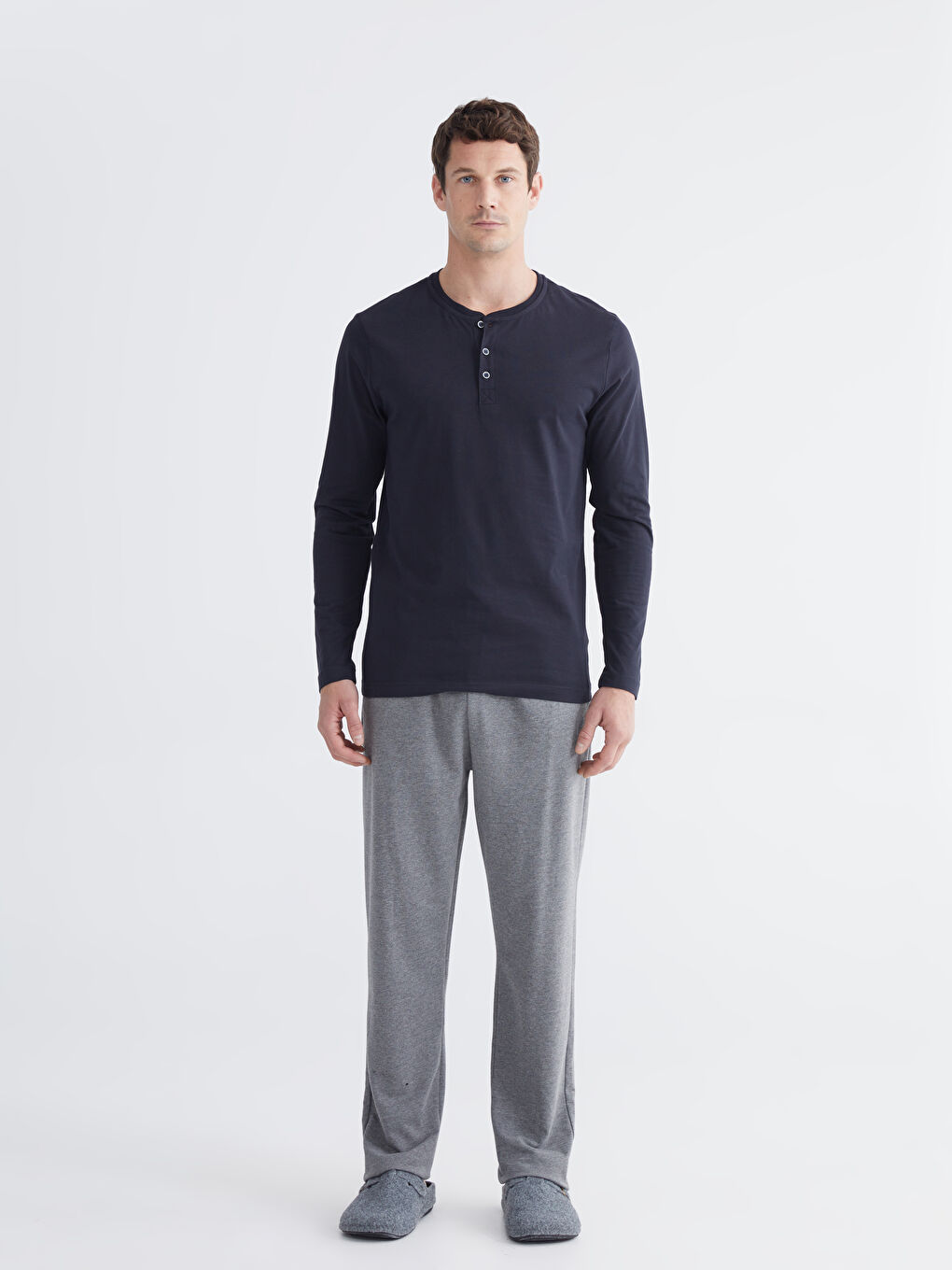 Lacivert Bisiklet Yaka Uzun Kollu Erkek Pijama Üst-1