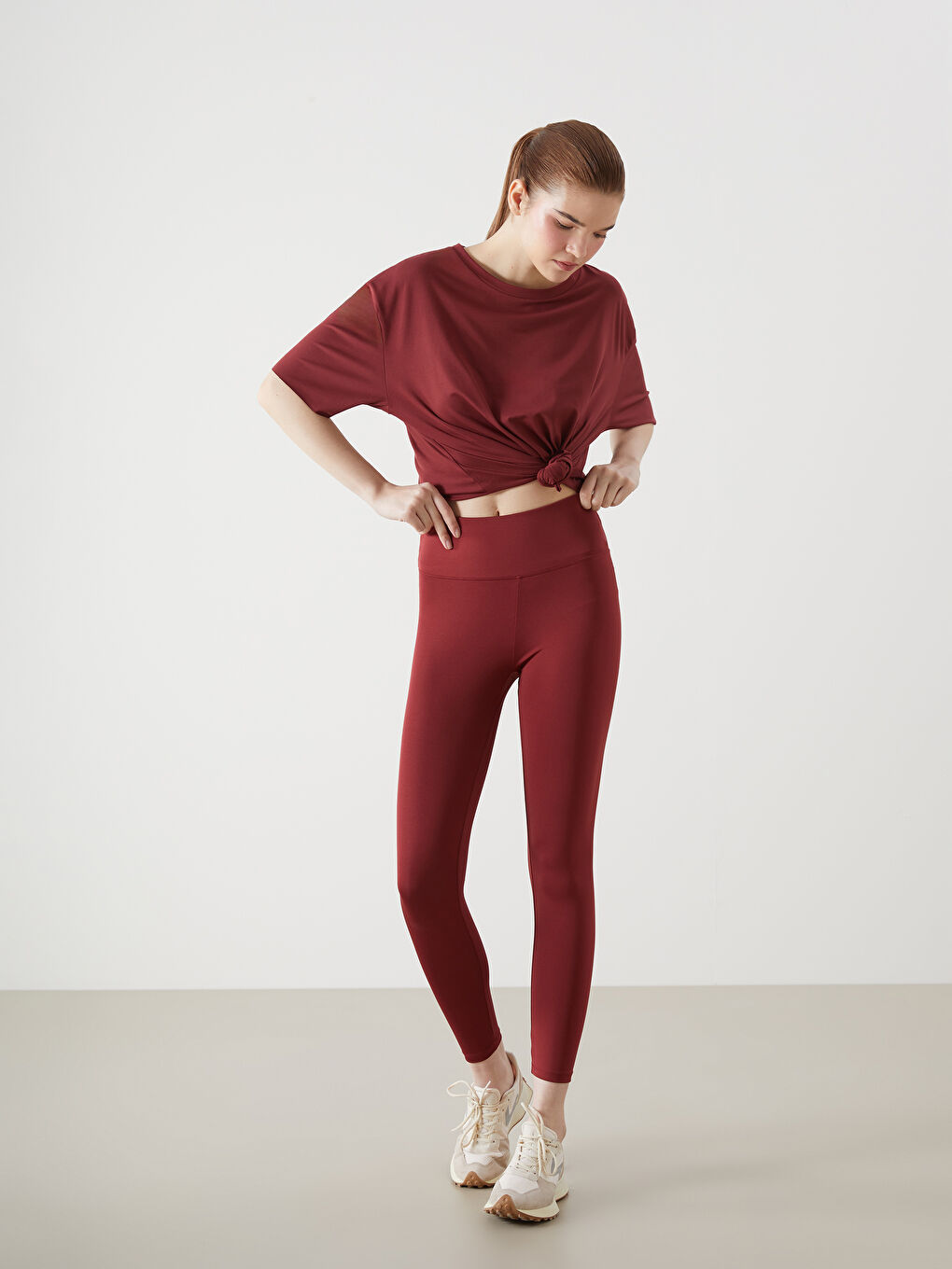 Bordo Beli Lastikli Kadın Tayt