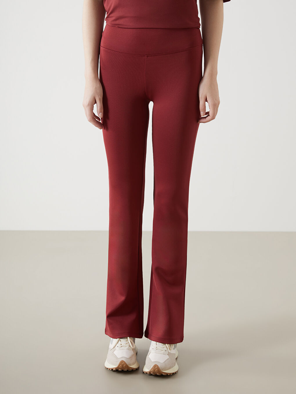Bordo Beli Lastikli İspanyol Paça Kadın Tayt Pantolon-1