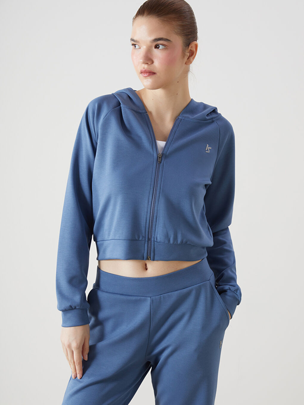 Mavi Kapüşonlu Baskılı Kadın Fermuarlı Sweatshirt