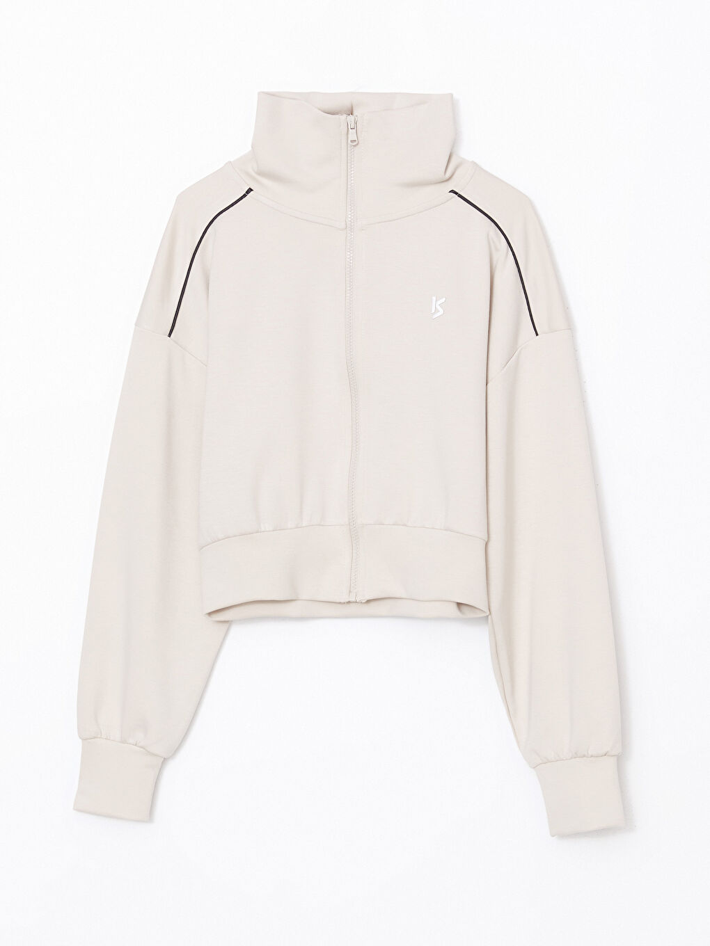 Gri Dik Yaka Baskılı Crop Kadın Fermuarlı Sweatshirt-4