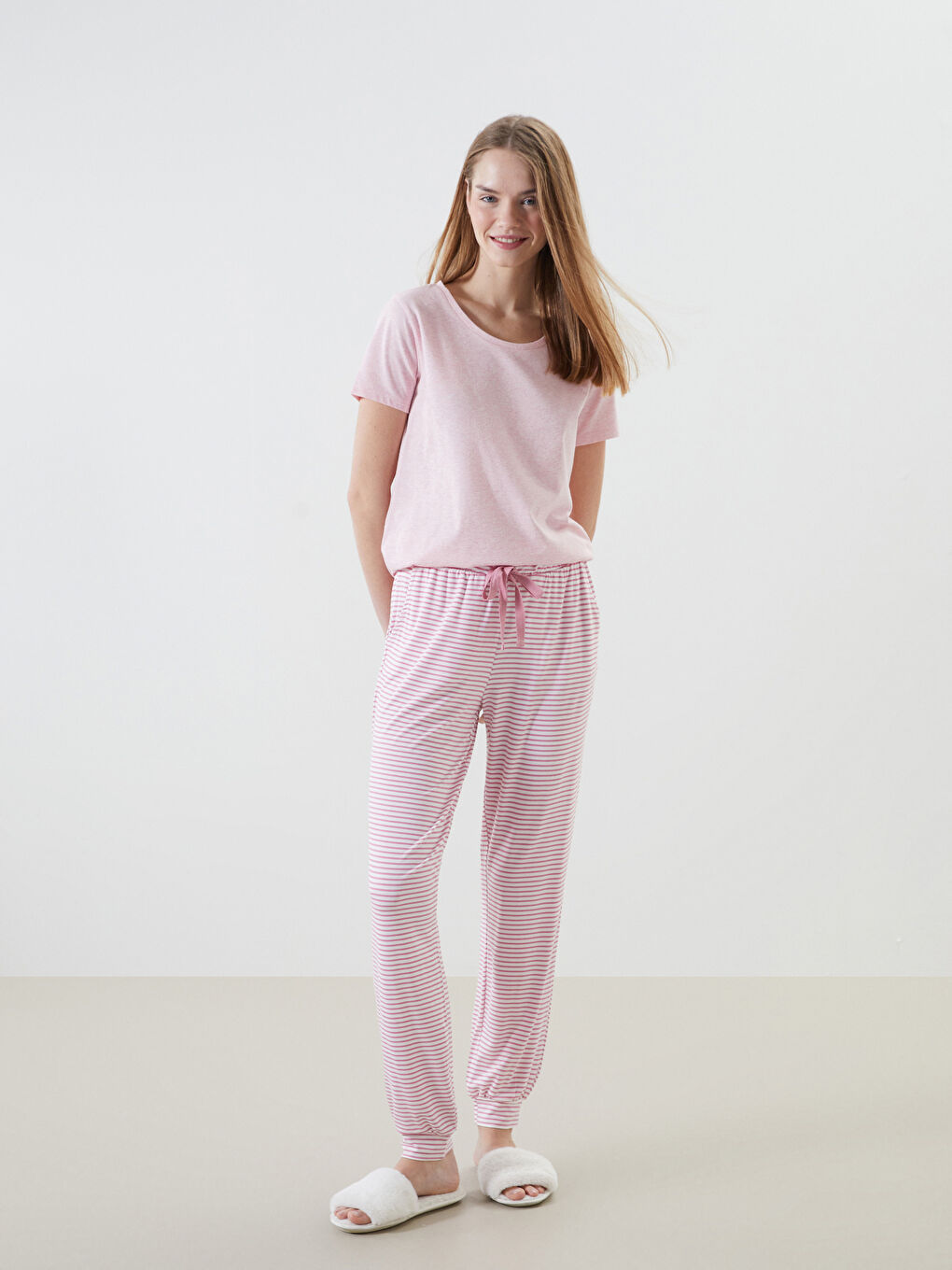 LCW DREAM Pembe Beli Lastikli Çizgili Kadın Jogger Pijama Altı