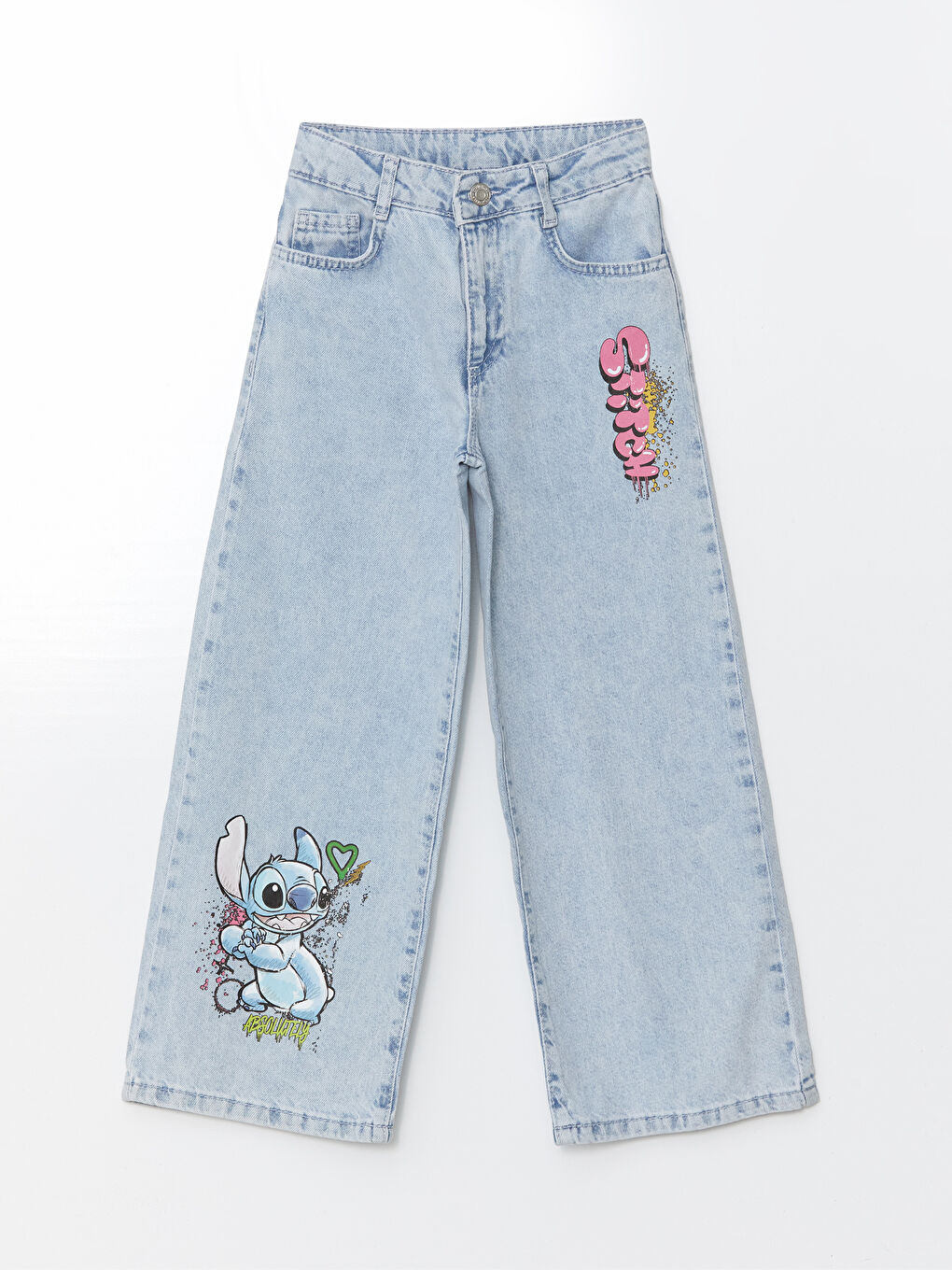 LCW Kids Açık Mavi Asit Yıkamalı Beli Ayarlanabilir Lastikli Lilo ve Stitch Baskılı Kız Çocuk Jean Pantolon