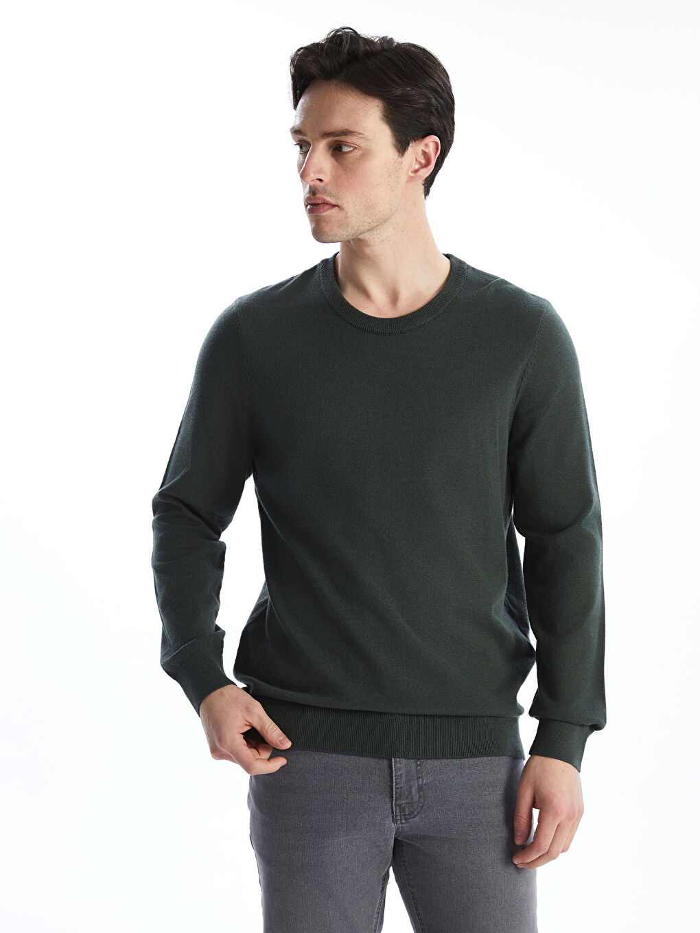 Crew Neck Long Sleeve Men's Tricot Sweater -W4L254Z8-HDL