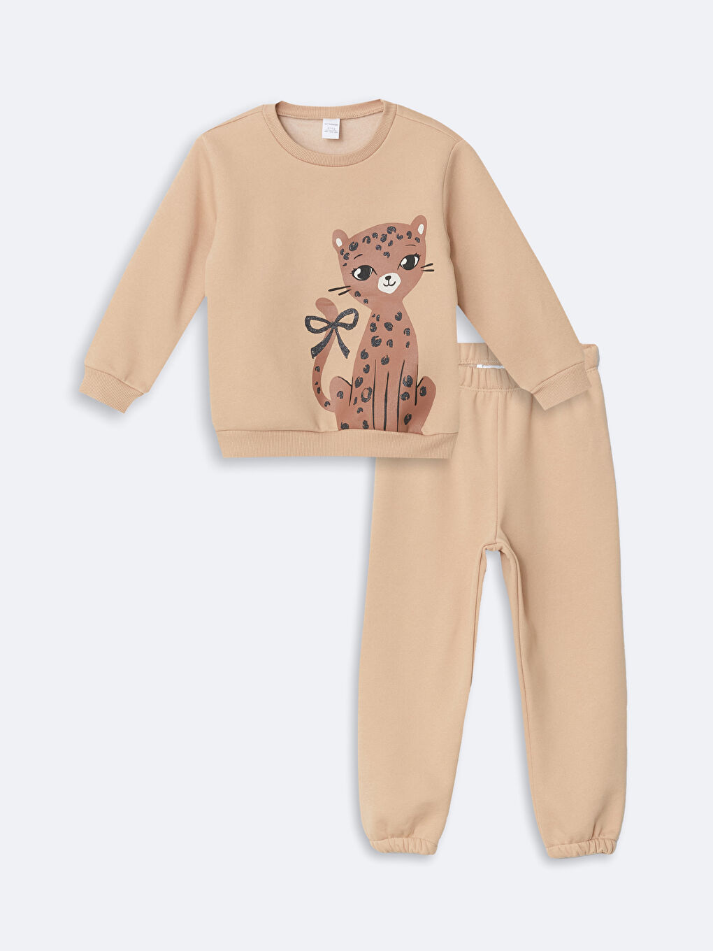 LCW baby Bej Kedi Baskılı Kız Bebek Sweatshirt ve Eşofman Alt 2'li