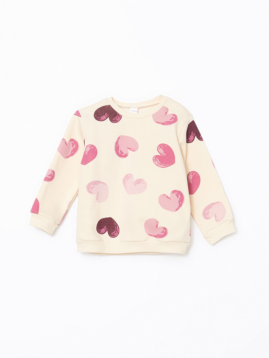 Ekru Bisiklet Yaka Kalp Baskılı Kız Çocuk Sweatshirt