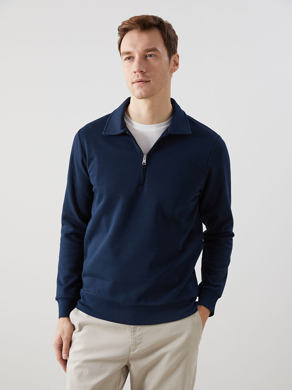 Lacivert Polo Yaka Uzun Kollu Erkek Sweatshirt