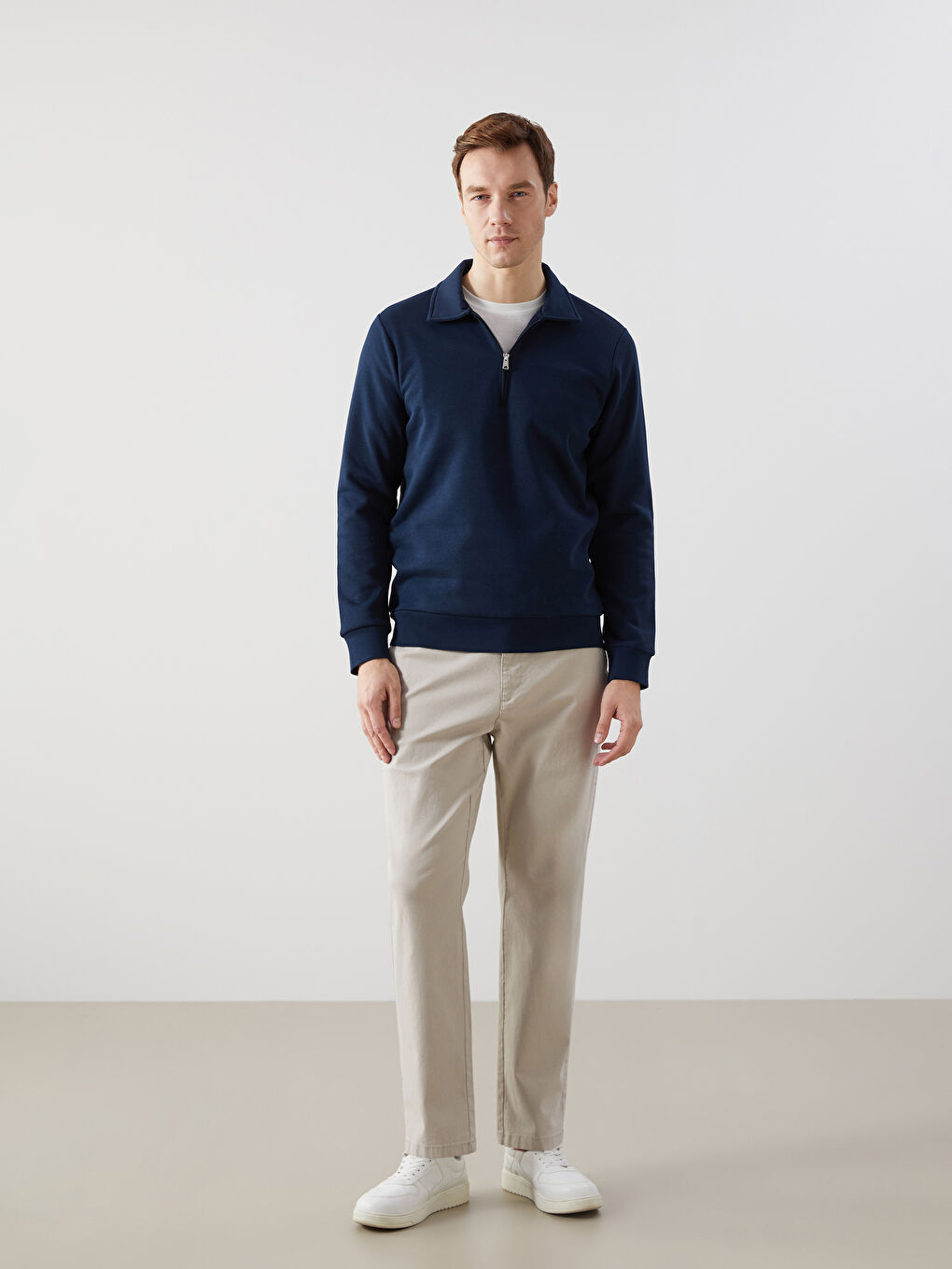 Lacivert Polo Yaka Uzun Kollu Erkek Sweatshirt-1