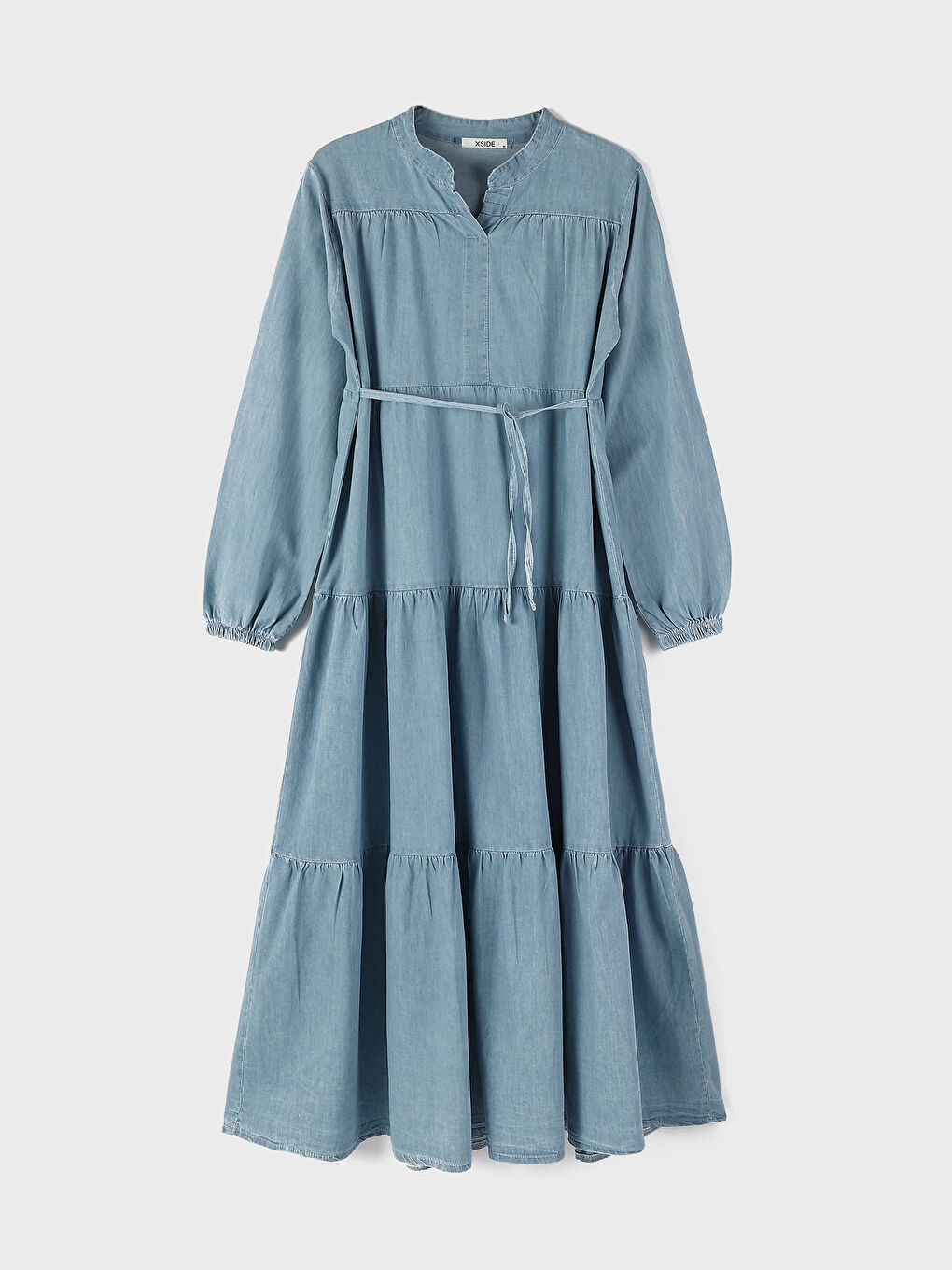 فستان كم طويل بياقة مندرين للسيدات مع تفاصيل رباط عند الخصر