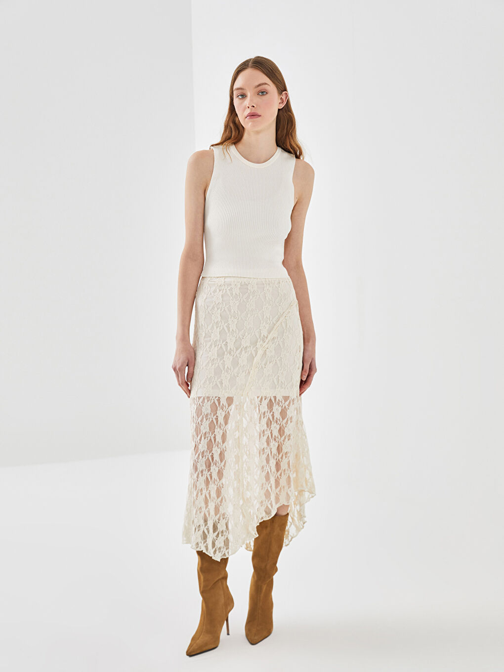 Ekru Bisiklet Yaka Dokulu Kadın Triko Atlet-1