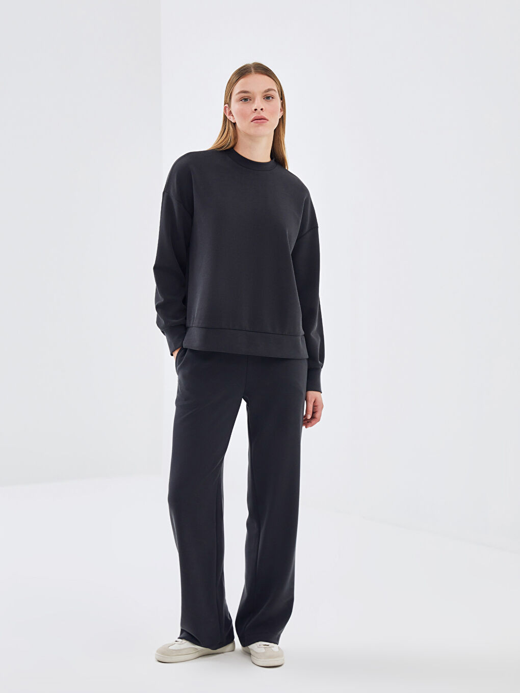 LCW Vision Antrasit Bisiklet Yaka Oversize Kadın Sweatshirt - 1