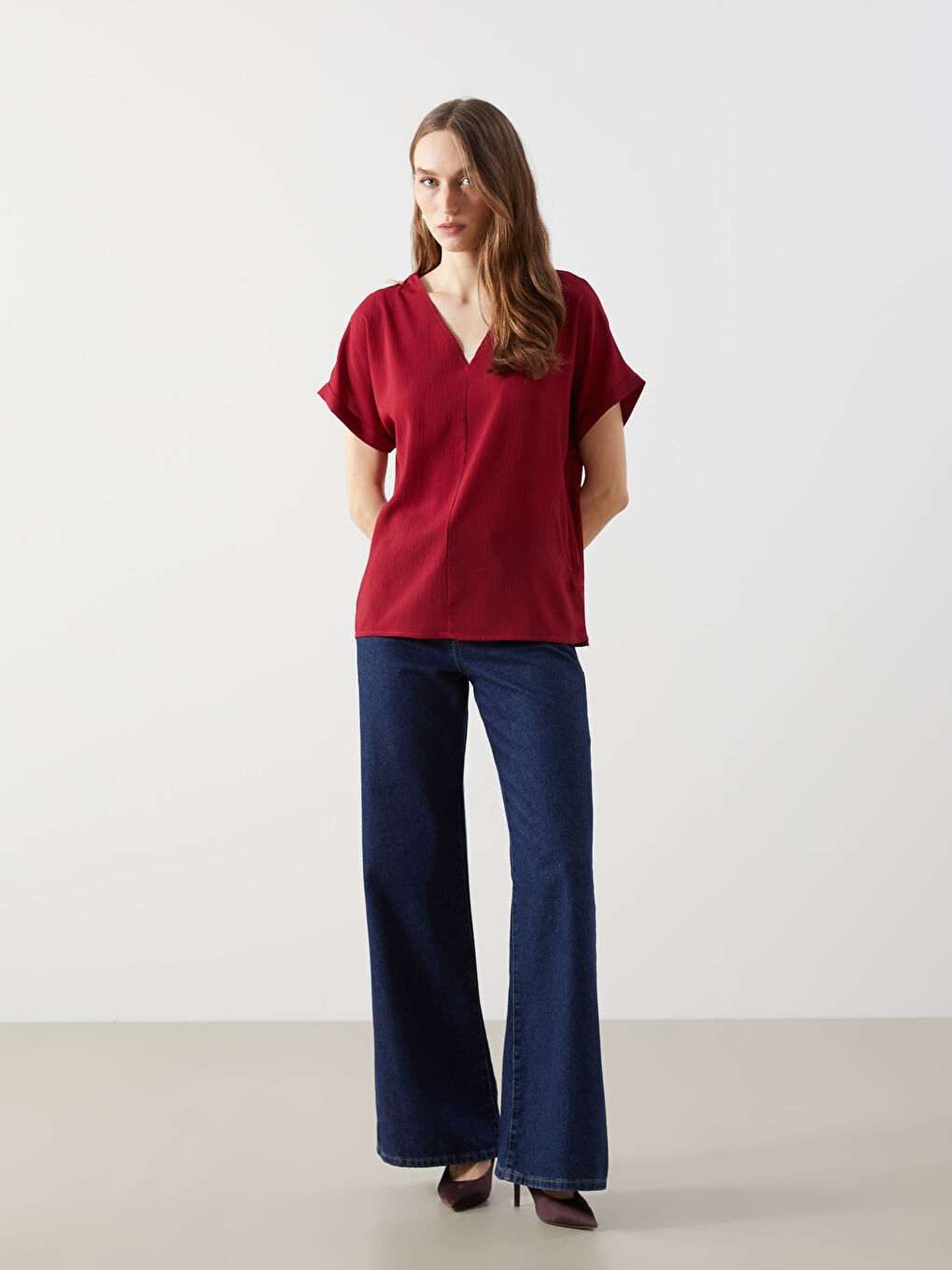 V-Neck Textured Women's Blouse-1