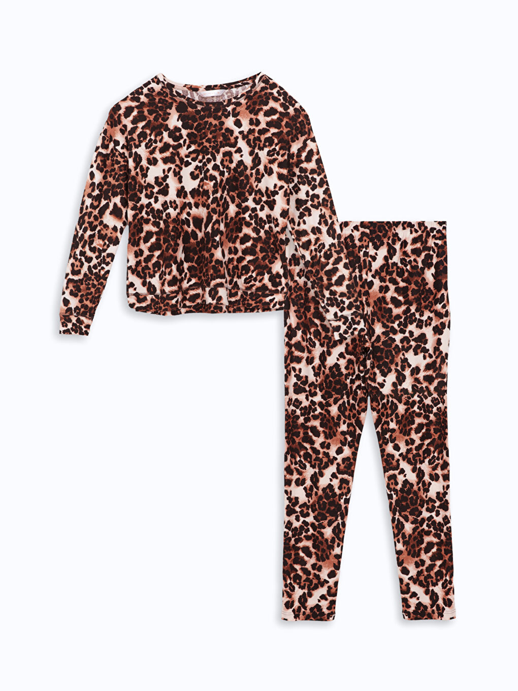 LCW DREAM Kahverengi Bisiklet Yaka Leopar Desenli Polar Kadın Pijama Takımı - 4