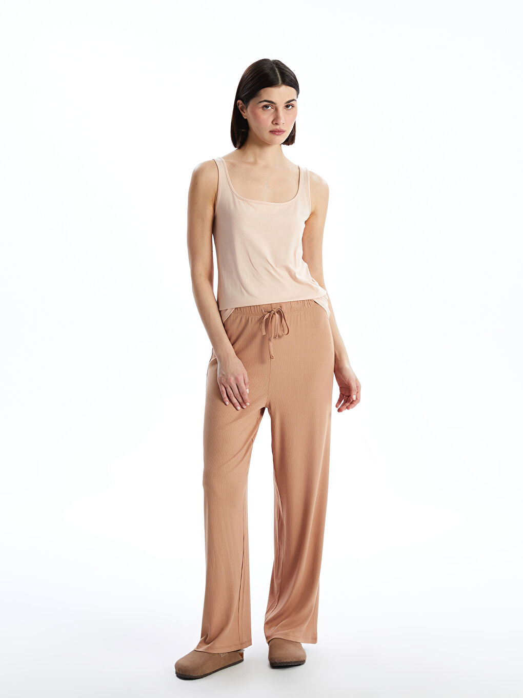 Kahverengi Beli Lastikli Dokulu Kadın Pijama Altı