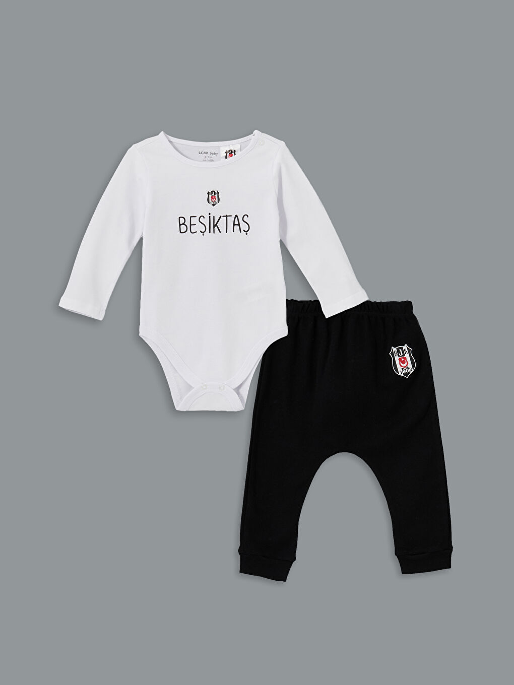 LCW baby Ekru Beşiktaş Baskılı Erkek Bebek Çıtçıtlı Body ve Pantolon 2'li