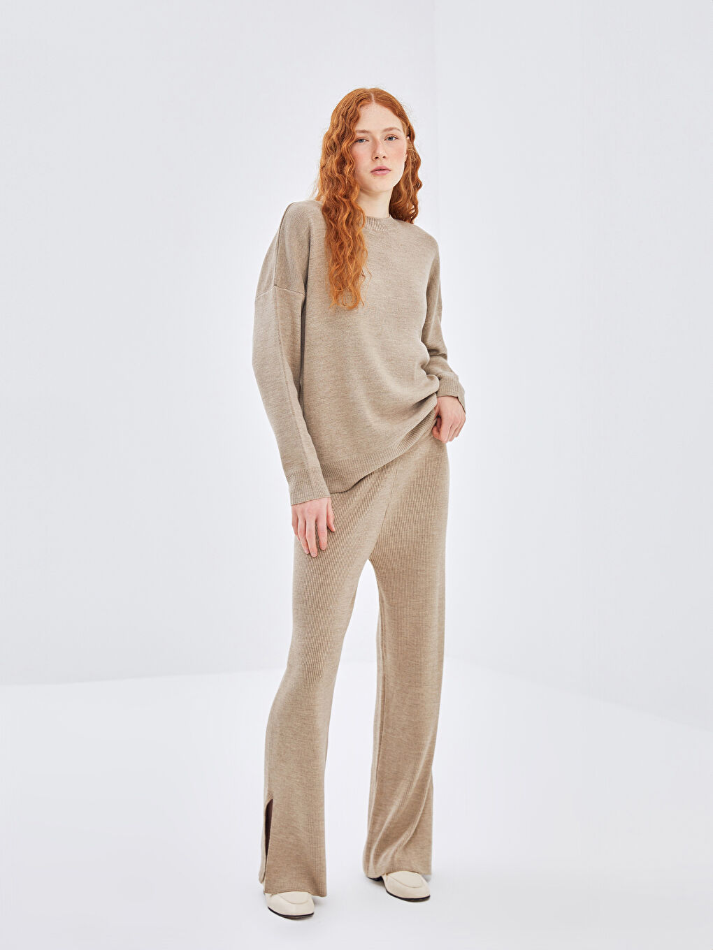 Kahverengi Beli Lastikli Kadın Triko Pantolon