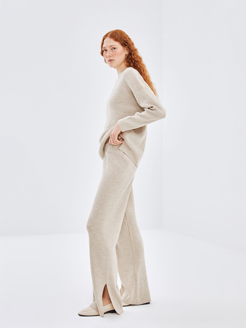 Bej Beli Lastikli Kadın Triko Pantolon