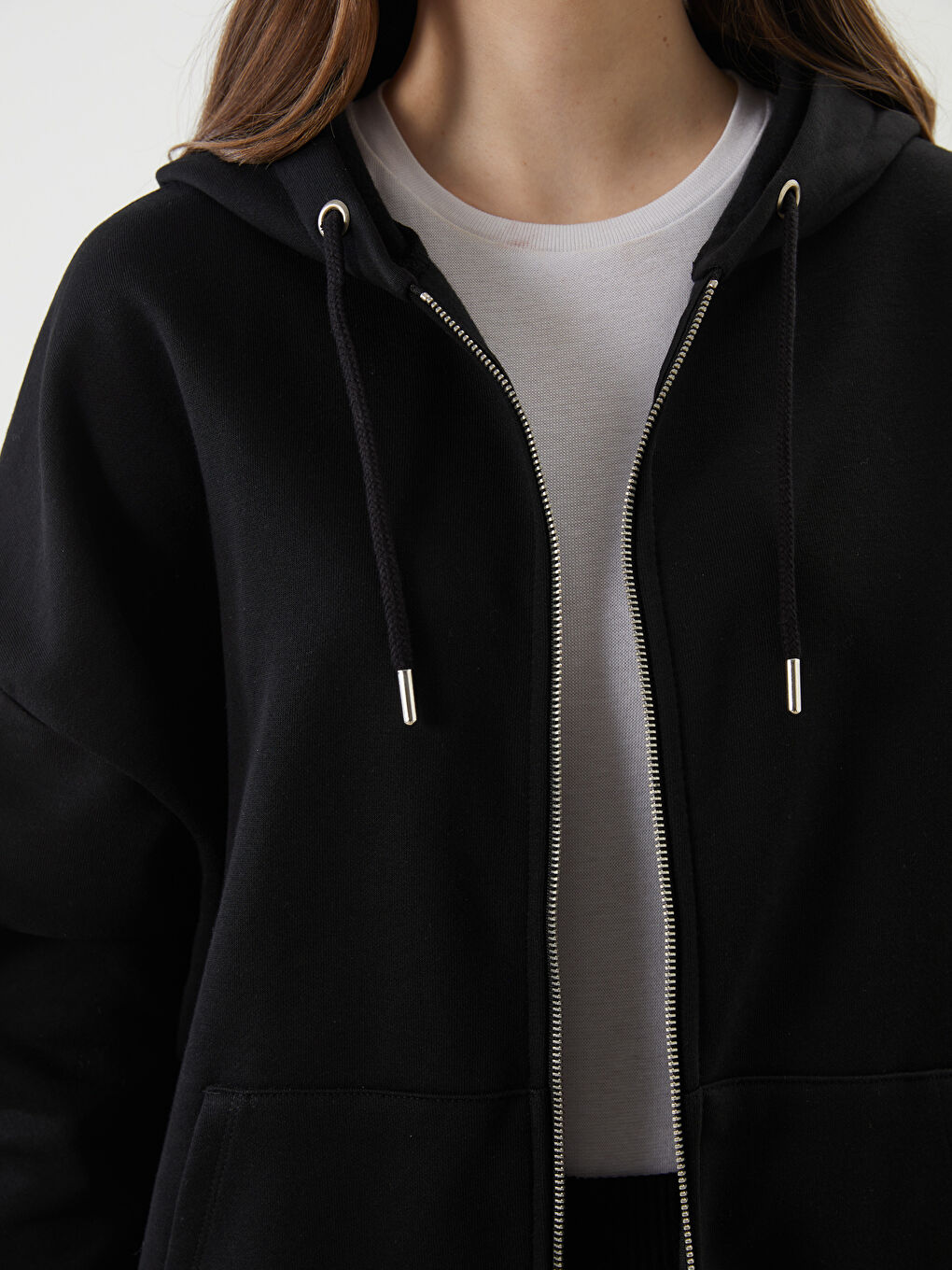 Siyah Kapüşonlu Oversize Kadın Kalın Fermuarlı Sweatshirt-2
