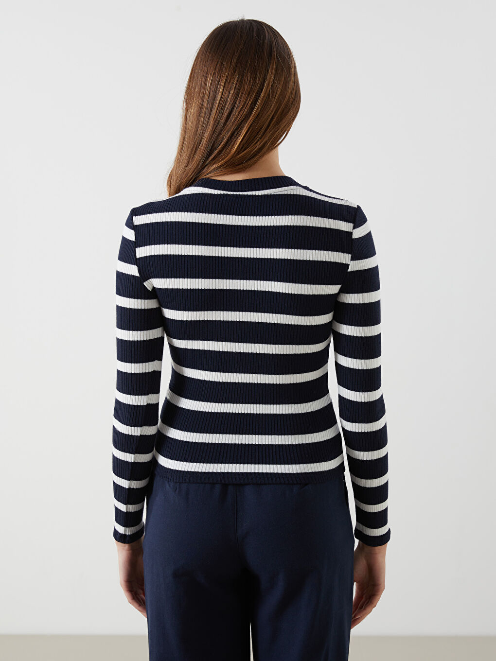 Lacivert Bisiklet Yaka Çizgili Kadın Body-3