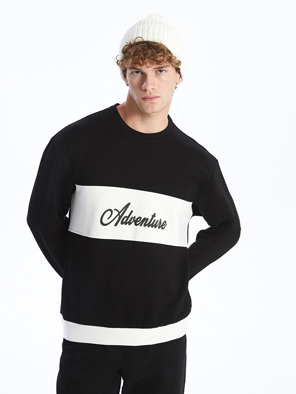 Siyah Bisiklet Yaka Uzun Kollu Baskılı Erkek Sweatshirt