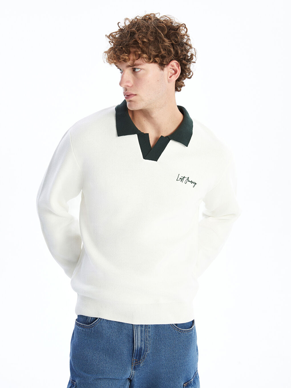 Ekru Polo Yaka Uzun Kollu Erkek Triko Kazak