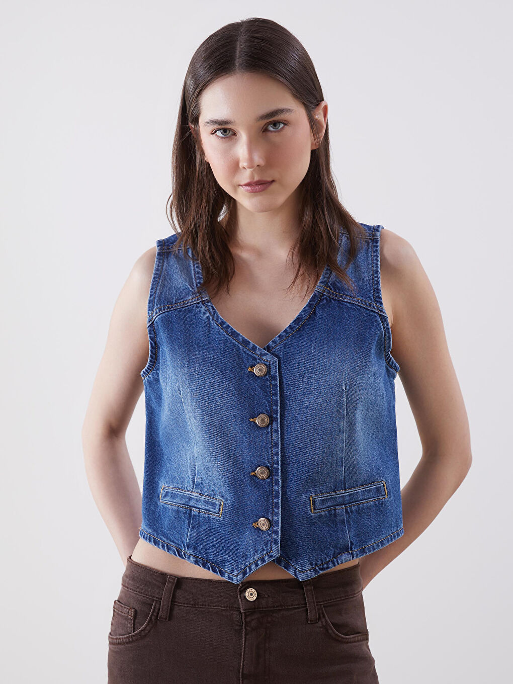 LCW Vision V Neck Women's Denim Waistcoat -W4L999Z8-507