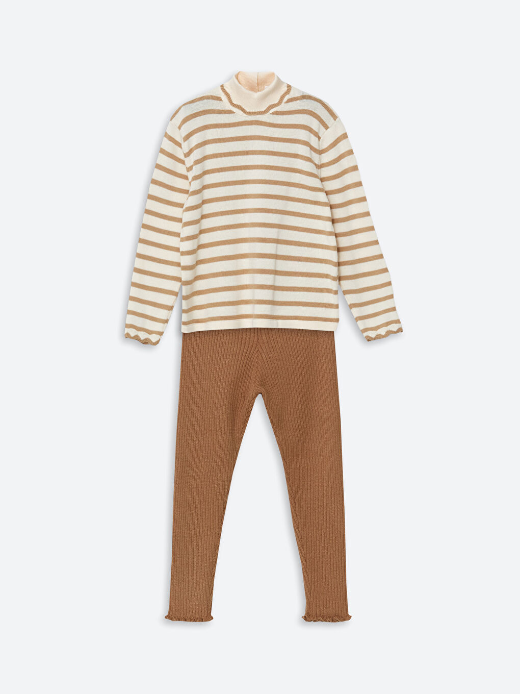 Kahverengi Dik Yaka Çizgili Kız Çocuk Kazak ve Tayt 2'li-2