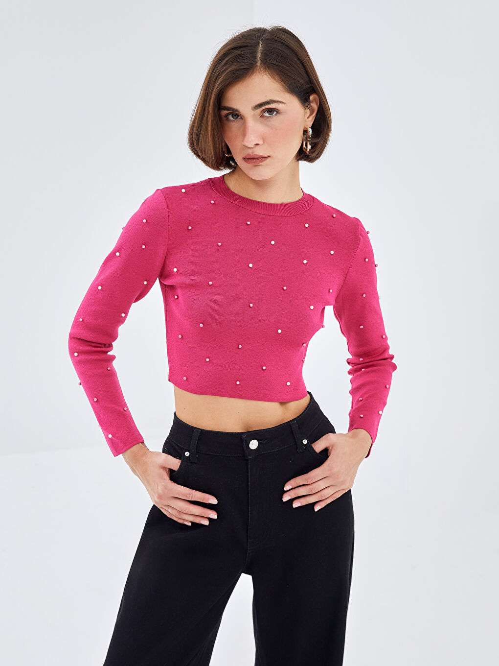 Fuşya Bisiklet Yaka Crop Kadın Triko Kazak