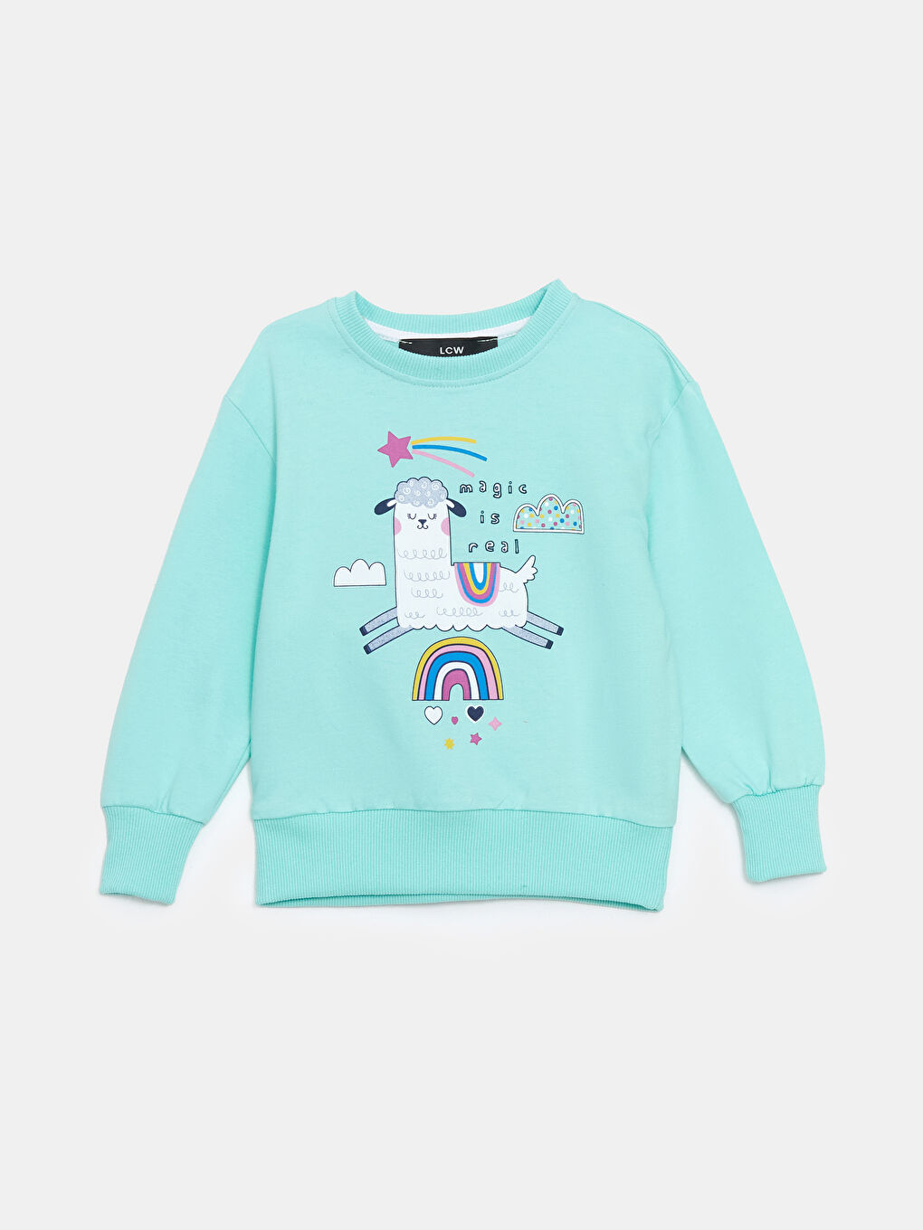 LCW Kids Mavi Bisiklet Yaka Baskılı Kız Çocuk Sweatshirt