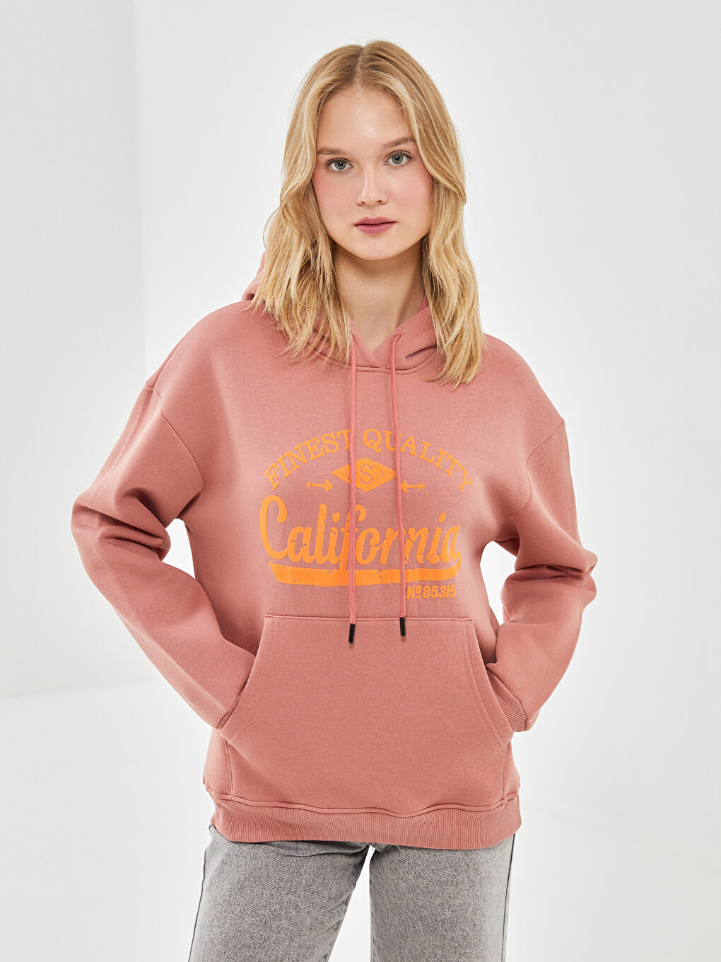 LC WAIKIKI Pembe Baskılı Kapüşonlu Kadın Hoodie