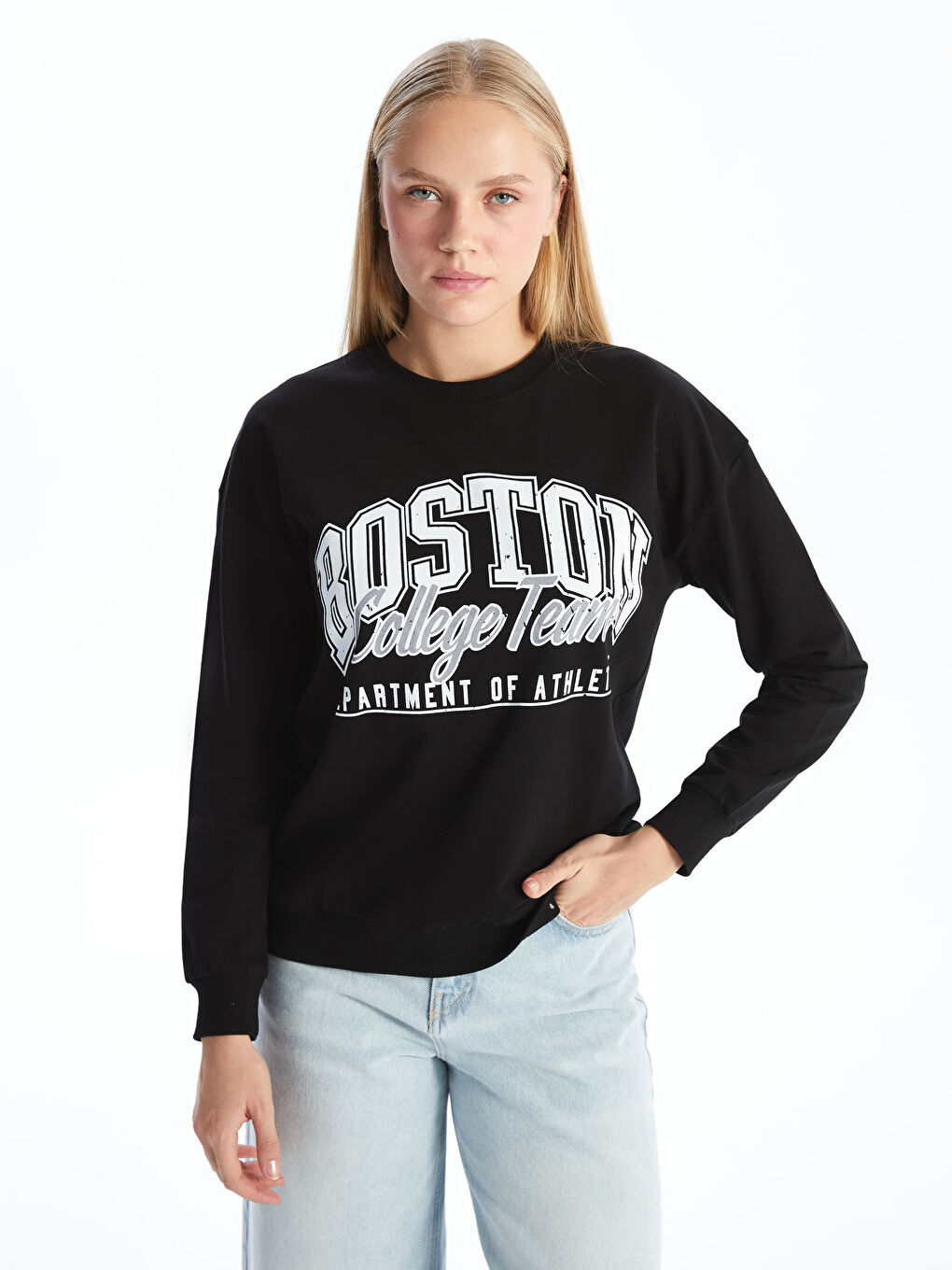 LC WAIKIKI Siyah Bisiklet Yaka Baskılı Kadın Sweatshirt