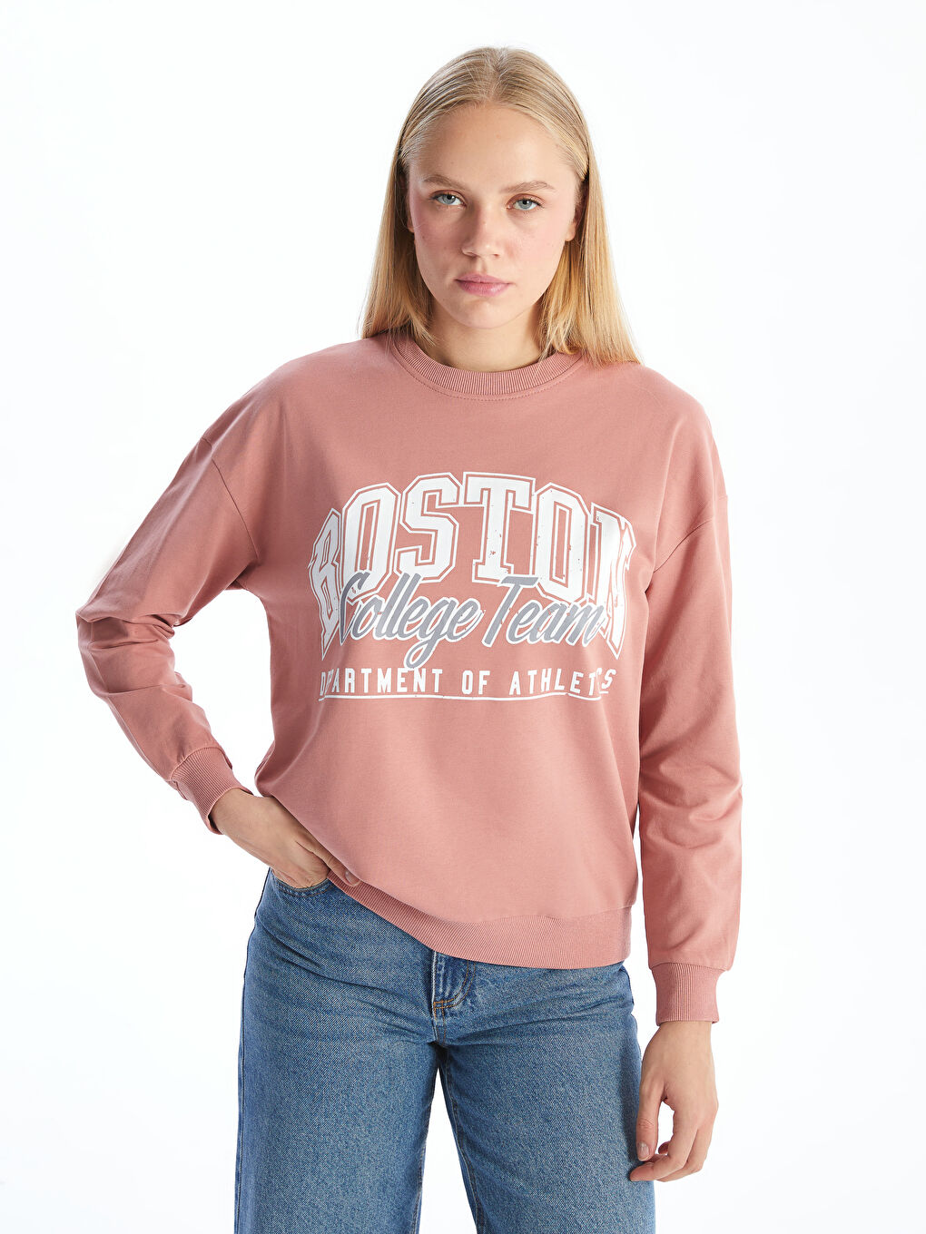 LC WAIKIKI Pembe Bisiklet Yaka Baskılı Kadın Sweatshirt