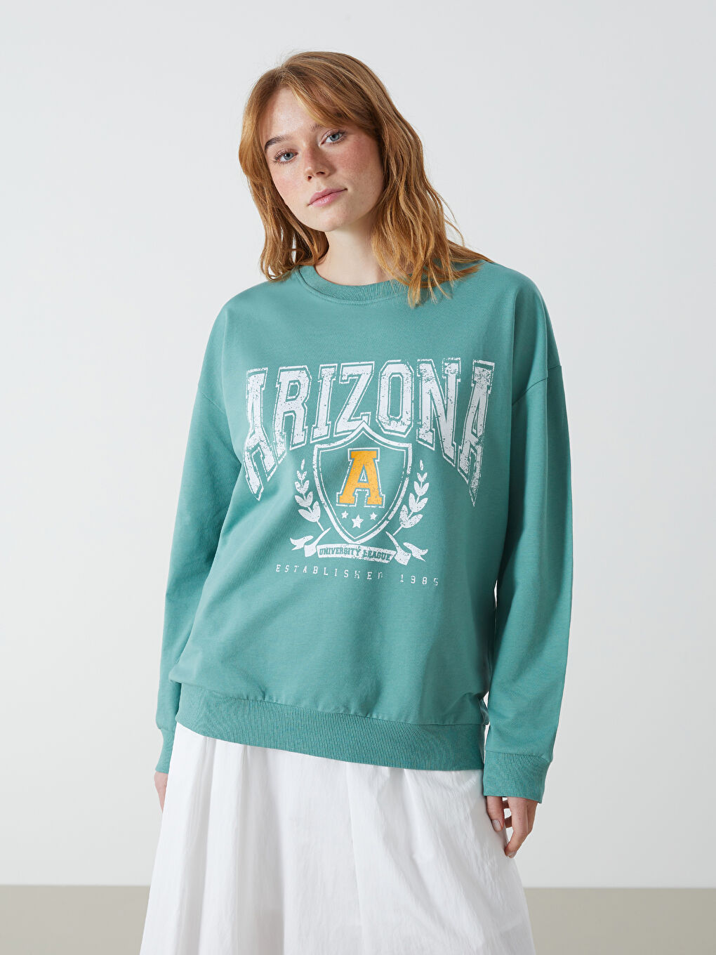 Yeşil Bisiklet Yaka Baskılı Kadın Sweatshirt