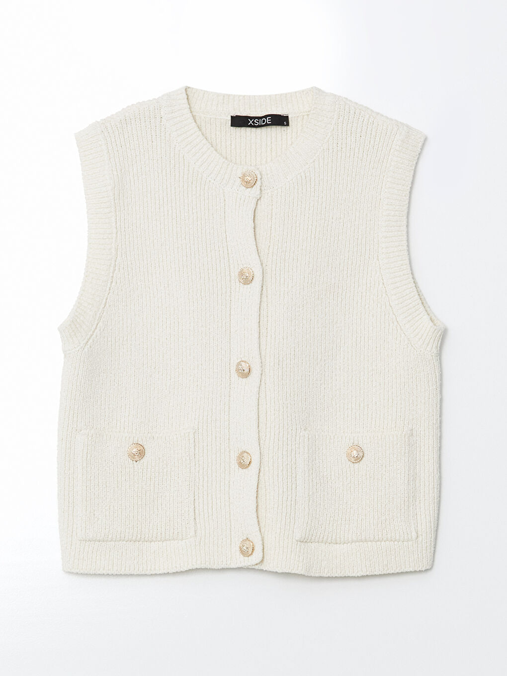 Ekru Bisiklet Yaka Dokulu Kadın Triko Yelek-4