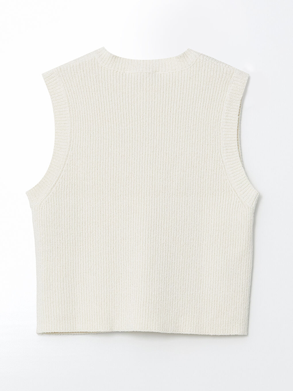 Ekru Bisiklet Yaka Dokulu Kadın Triko Yelek-5