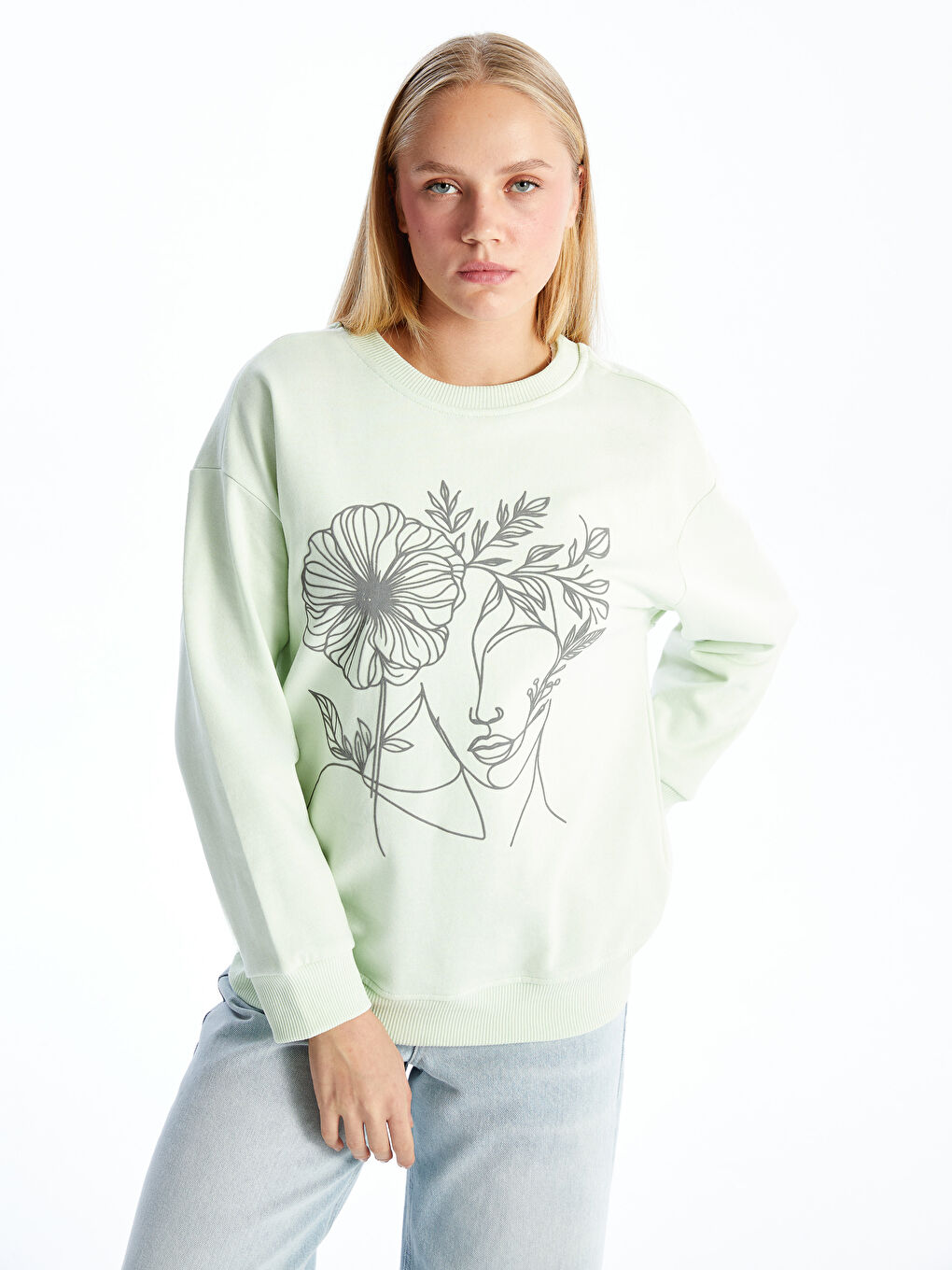 LC WAIKIKI Yeşil Bisiklet Yaka Baskılı Oversize Kadın Kalın Sweatshirt