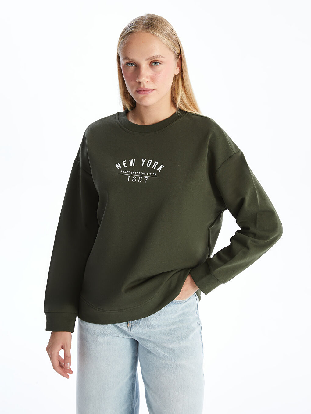 LC WAIKIKI Yeşil Bisiklet Yaka Baskılı Oversize Kadın Kalın Sweatshirt