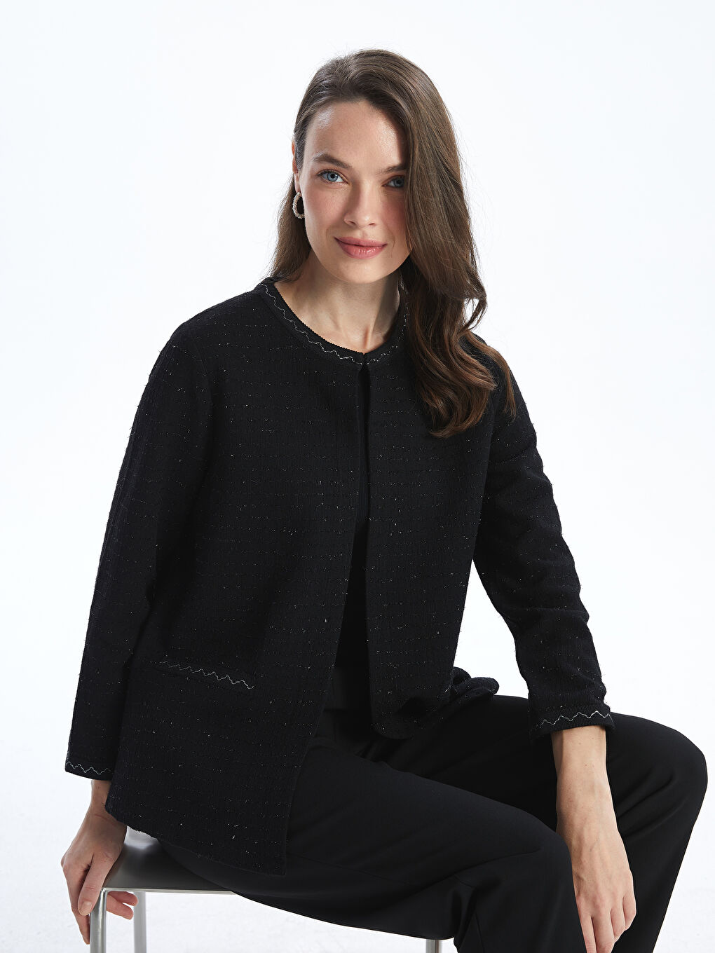 Siyah Bisiklet Yaka Ekose Kadın Tüvit Ceket