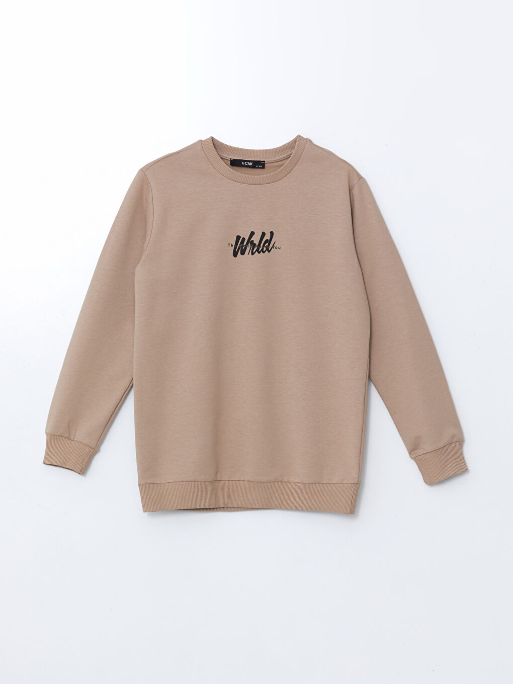 LCW Kids Bej Bisiklet Yaka Baskılı Erkek Çocuk Sweatshirt