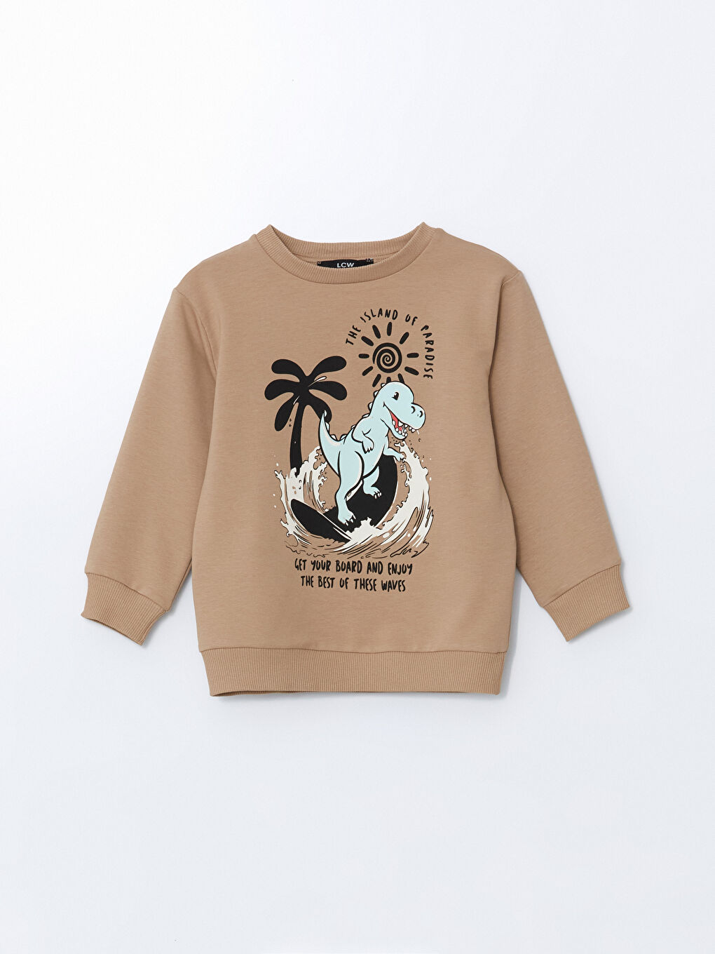 LCW Kids Bej Bisiklet Yaka Baskılı Erkek Çocuk Sweatshirt